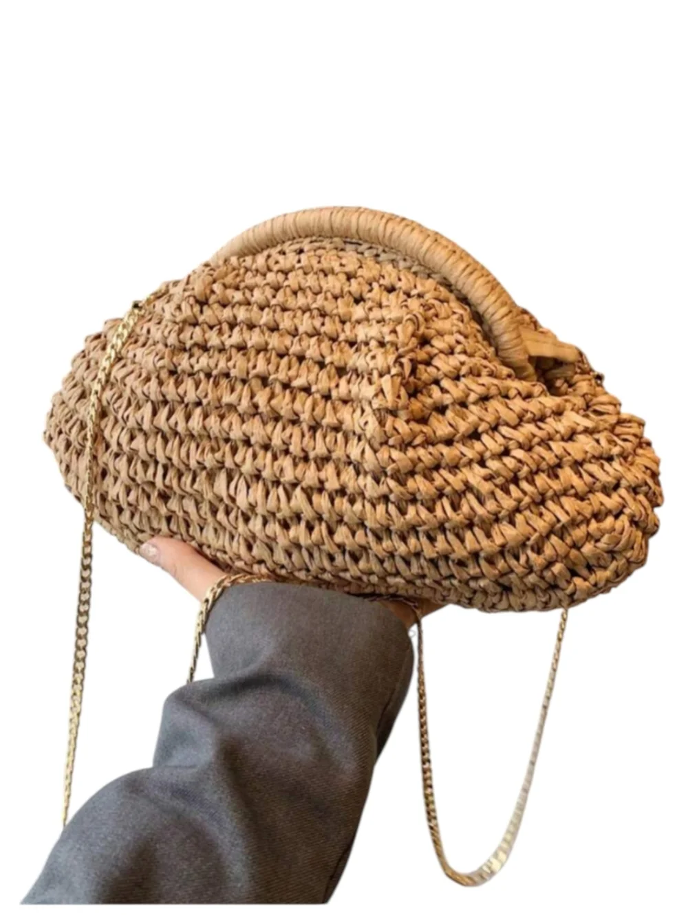 Woven Straw Clutch with Gold Chain - Tan